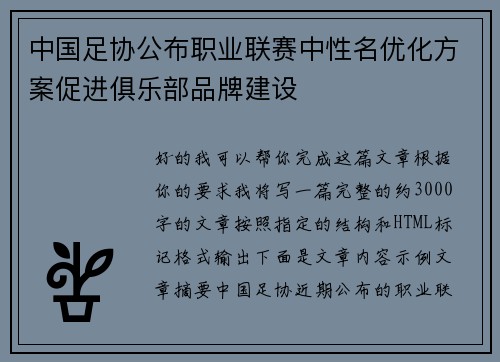 中国足协公布职业联赛中性名优化方案促进俱乐部品牌建设