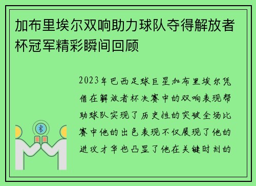 加布里埃尔双响助力球队夺得解放者杯冠军精彩瞬间回顾