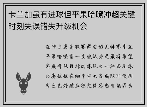 卡兰加虽有进球但平果哈嘹冲超关键时刻失误错失升级机会