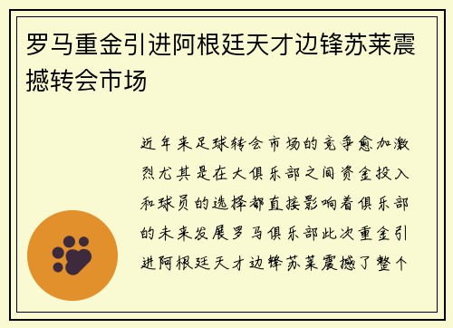 罗马重金引进阿根廷天才边锋苏莱震撼转会市场